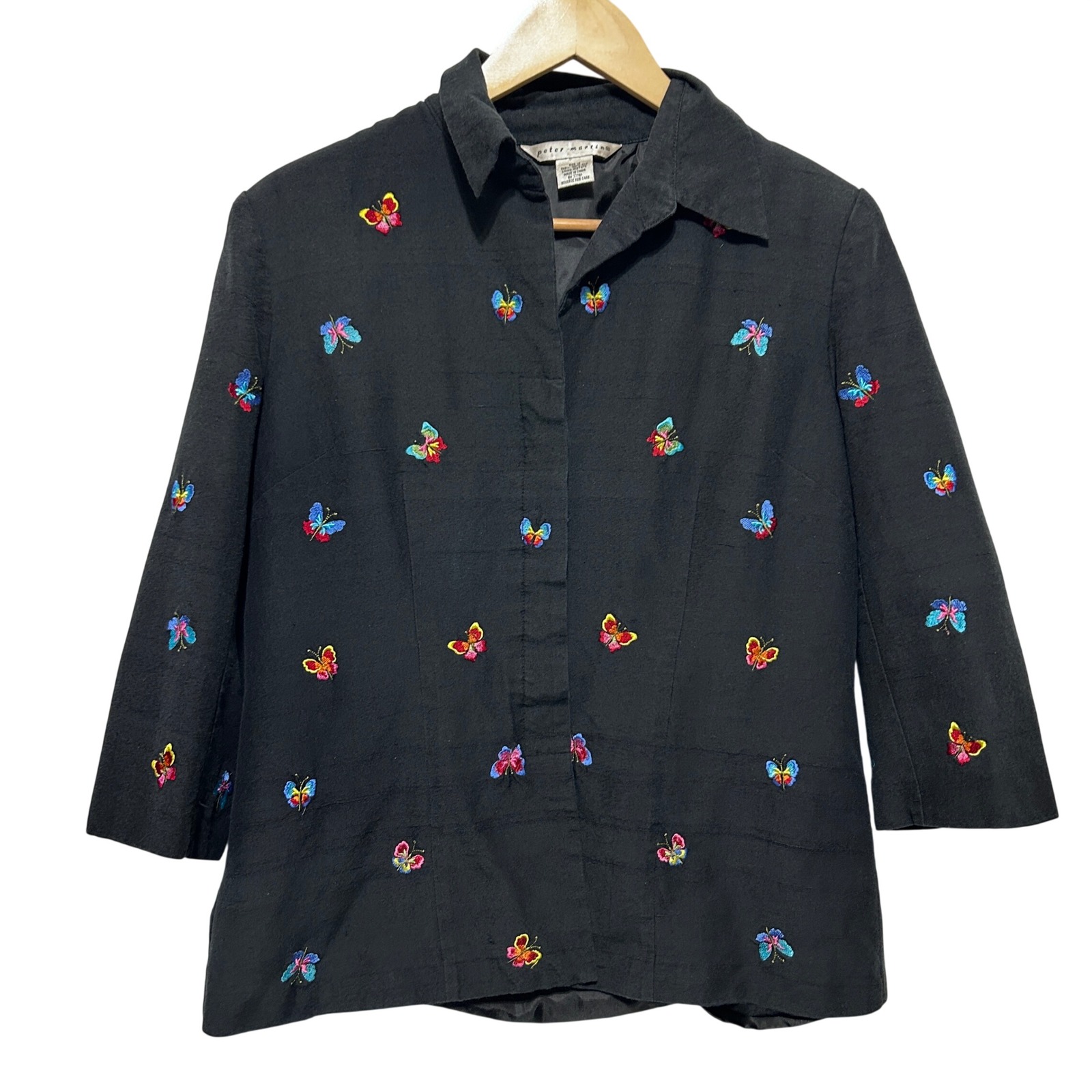 Vintage Peter Martin Women Silk Jacket 12 Black Embroidered Butterfly Y2k Artsy